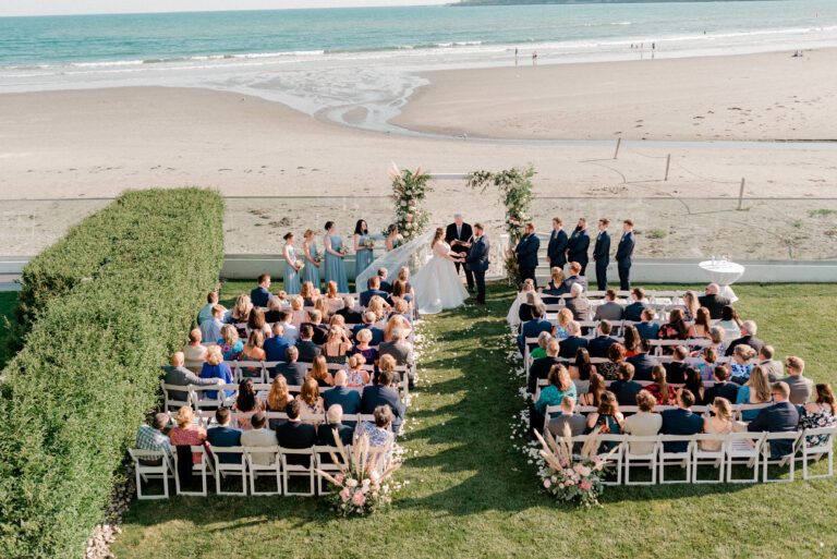 Outdoor ceremony space at Newport Beach House overlooking the beach.